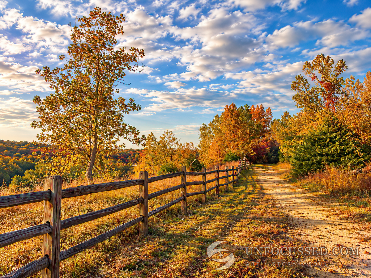 Split-rail fence beside a sandy path and golden autumn trees at Klondike Park, Missouri