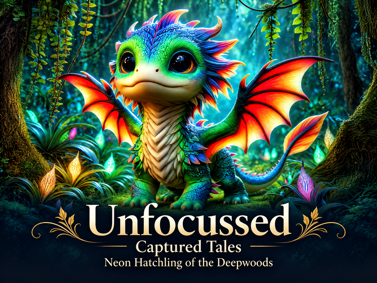 Ein limettengrünes und blaues Drachenjunges mit orangefarbenen Flügeln in einem leuchtenden Wald unter dem Unfocussed-Captured-Tales-Titel Neon Hatchling of the Deepwoods.