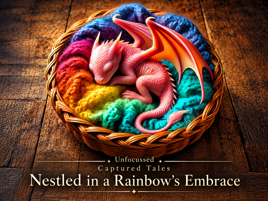 Un pequeño dragón rosa duerme acurrucado entre lana arcoíris en una cesta de mimbre, bajo el título Nestled in a Rainbow's Embrace.