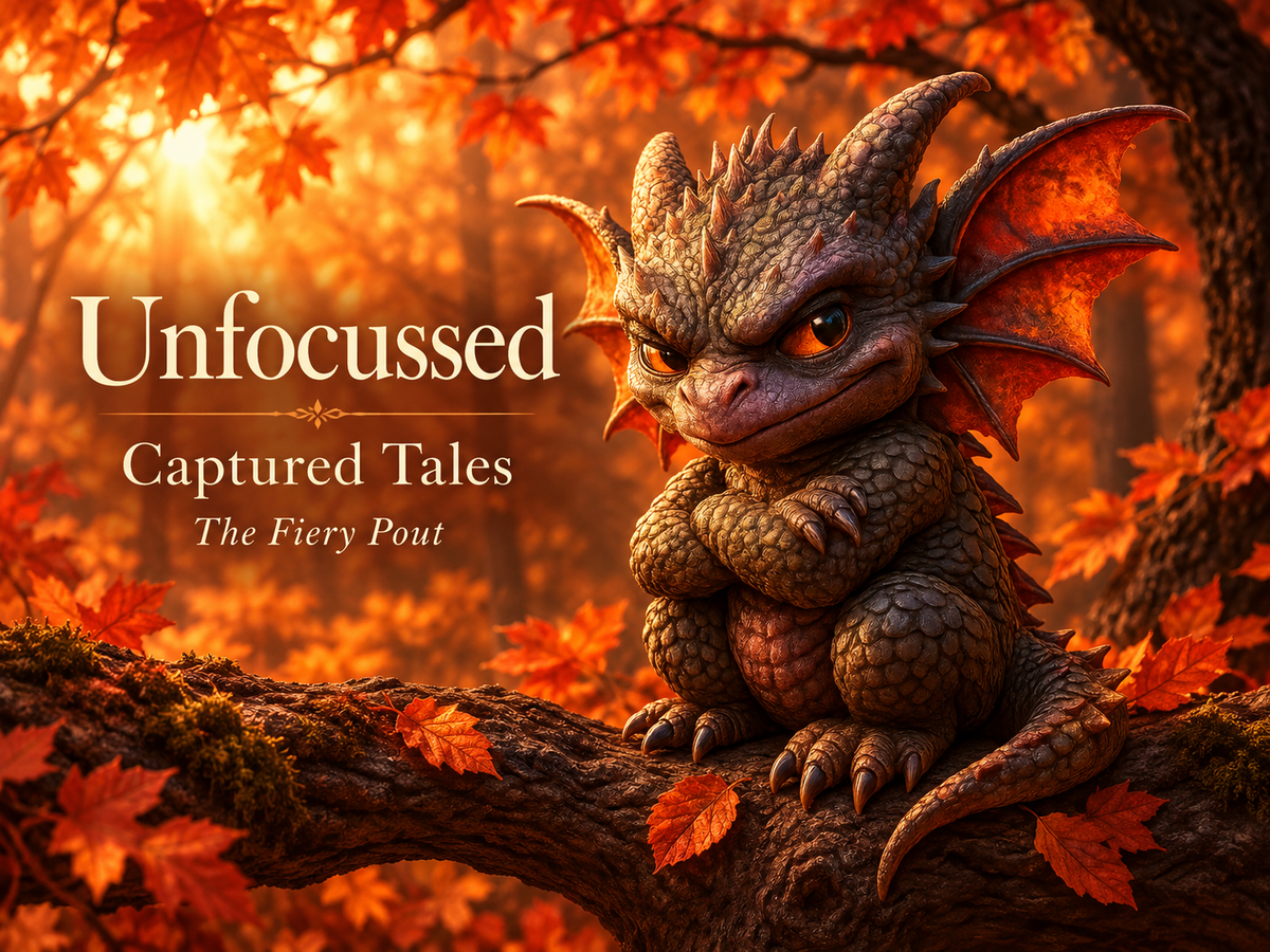 Fizzlewick, an orange-eyed dragon with folded arms, pouts on an autumn branch beside The Fiery Pout title.