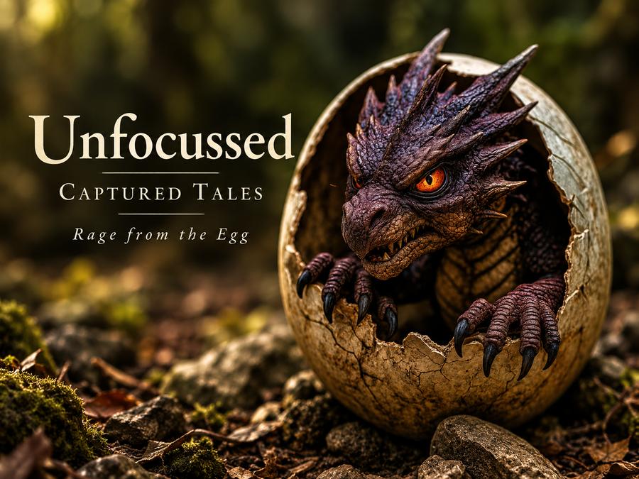 Un dragón violeta de ojos ámbar se aferra a su huevo agrietado bajo el título Rage from the Egg.