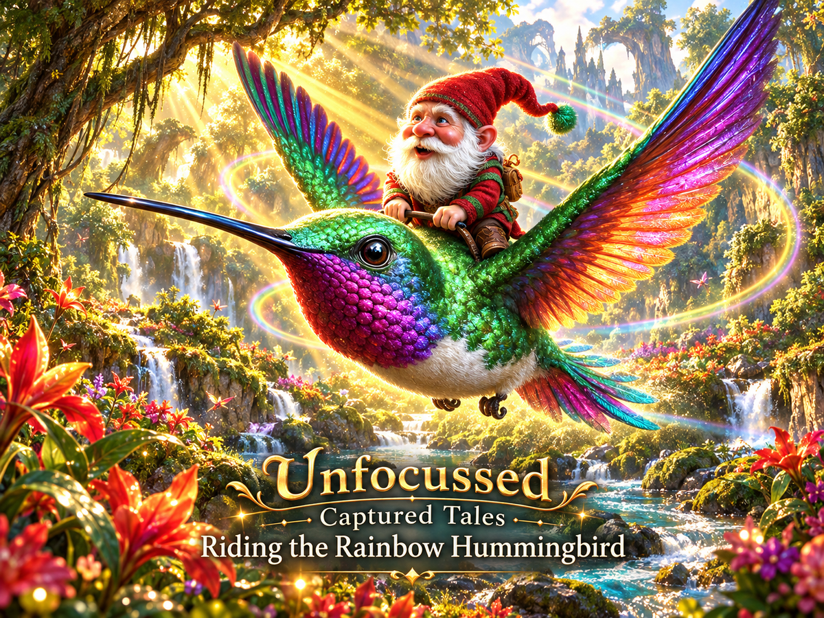 A white-bearded gnome rides beneath the rainbow-lit wings of Zuzu, a jewel-toned hummingbird, through the Great Whispering Woods of Echoterra.