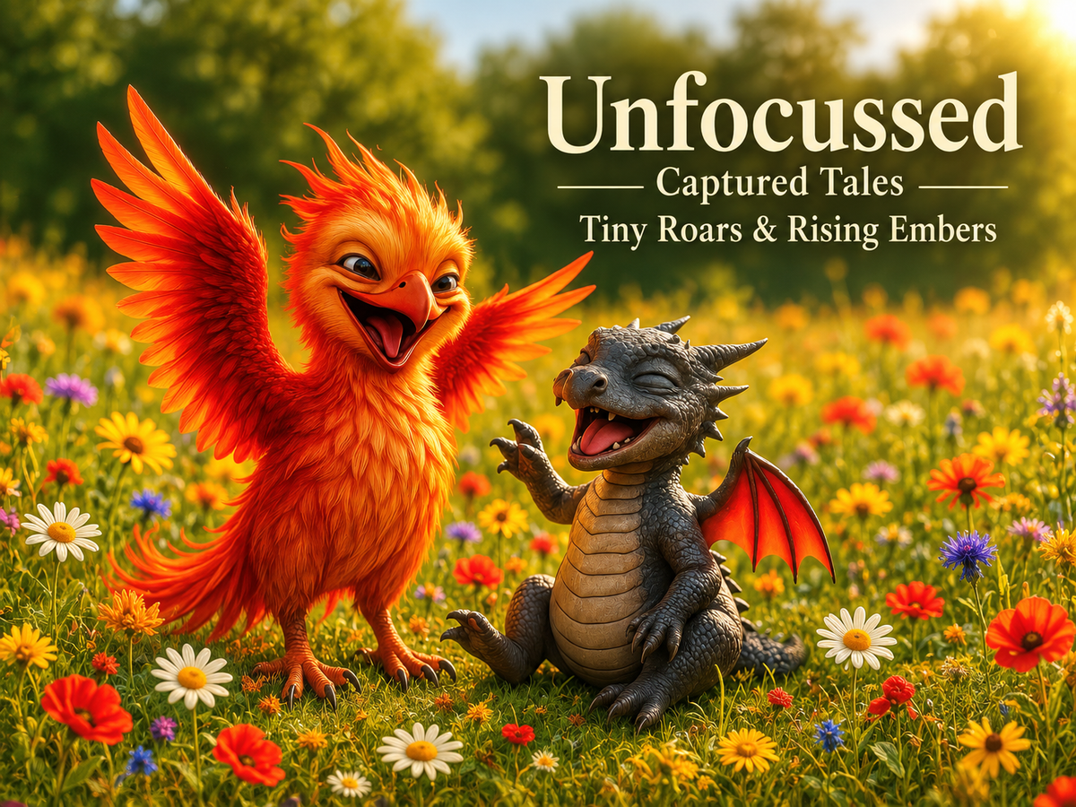 Der lachende orangefarbene Phönix Charlene und der schiefergraue Drache Gorp teilen sich eine Blumenwiese unter dem Titel Tiny Roars & Rising Embers.