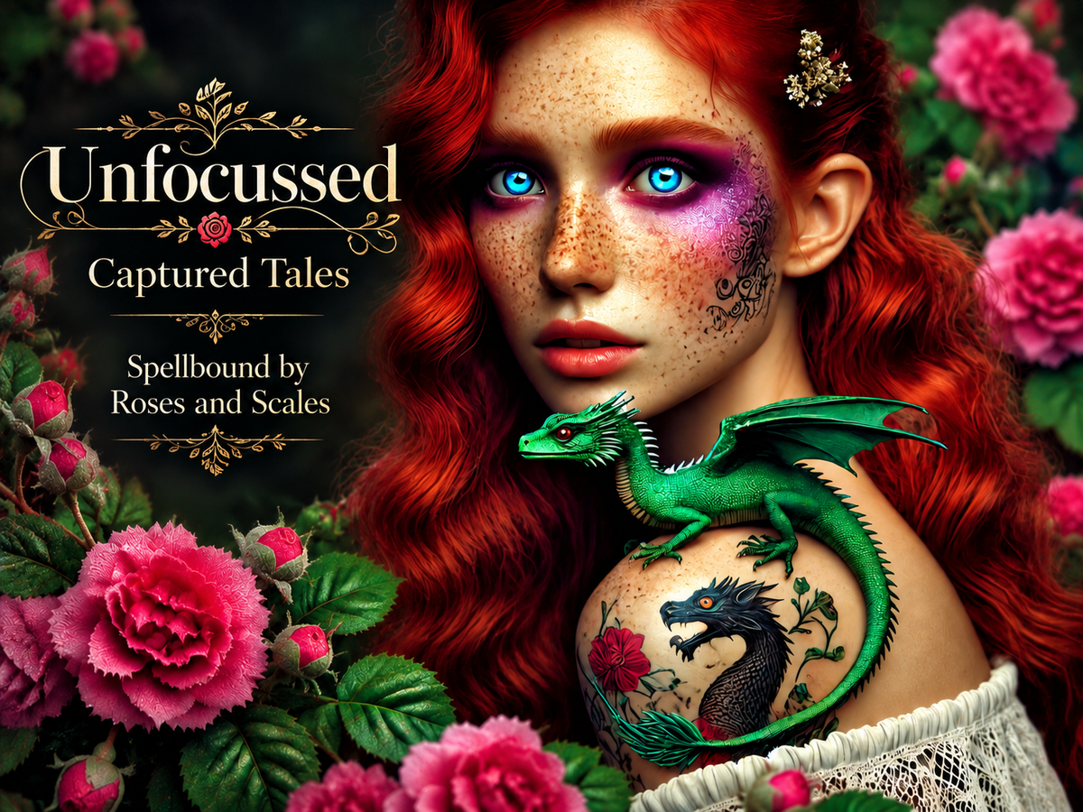 Red-haired rose enchantress Lyra with small emerald dragon Thorn on her shoulder, beside the Spellbound by Roses and Scales title.