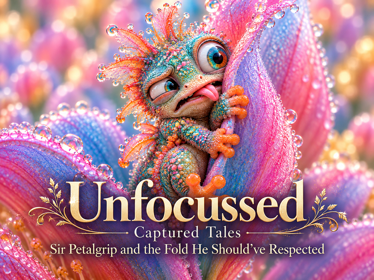 Sir Petalgrip, a jewel-textured newt-drake, clings to a dew-covered pink petal beneath the Captured Tales title.