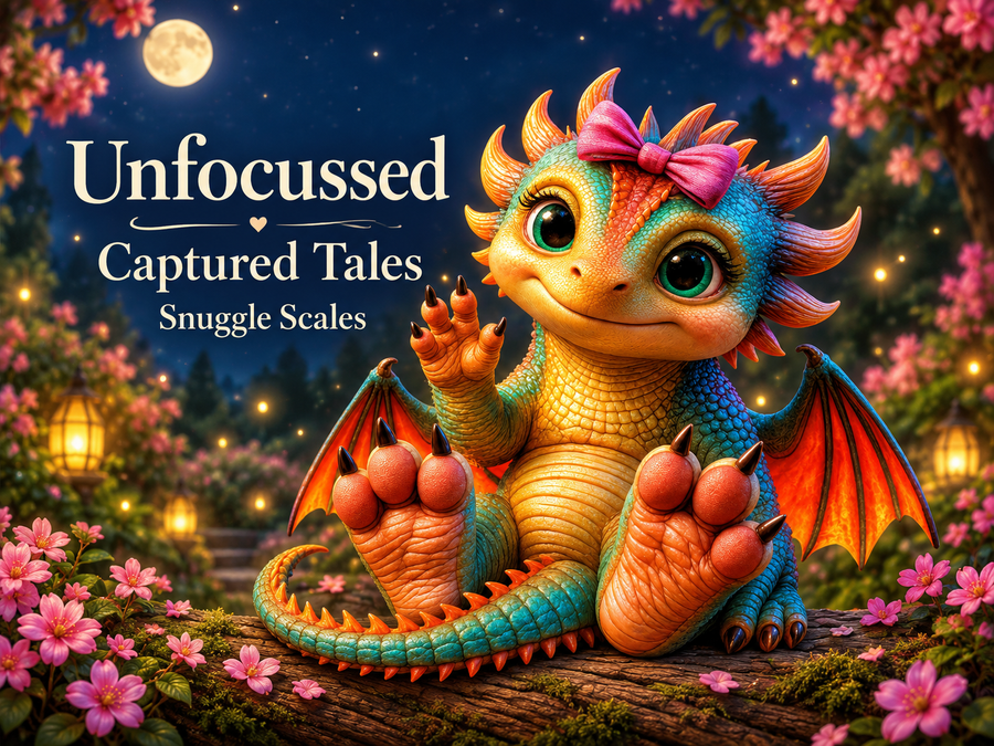 Snuggle Scales, de escamas arcoíris y lazo rosa, saluda en un jardín florido junto al título de Captured Tales.