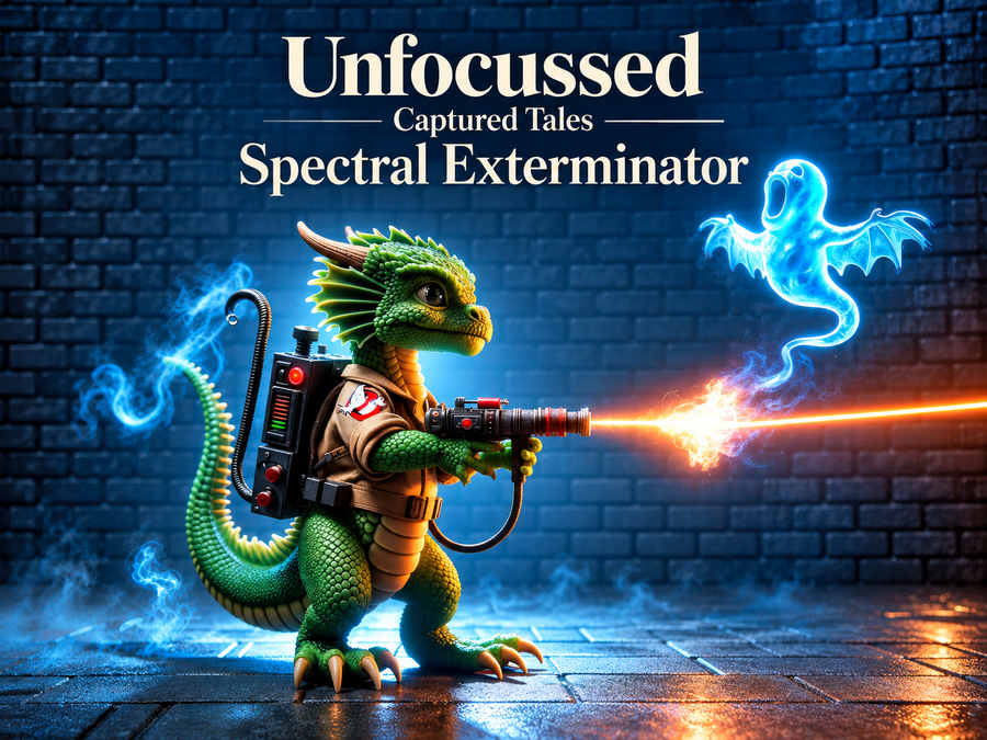 Der grüne Drache Zypher richtet seine Geisterjagdausrüstung auf eine leuchtend blaue Erscheinung unter dem Titel Spectral Exterminator.