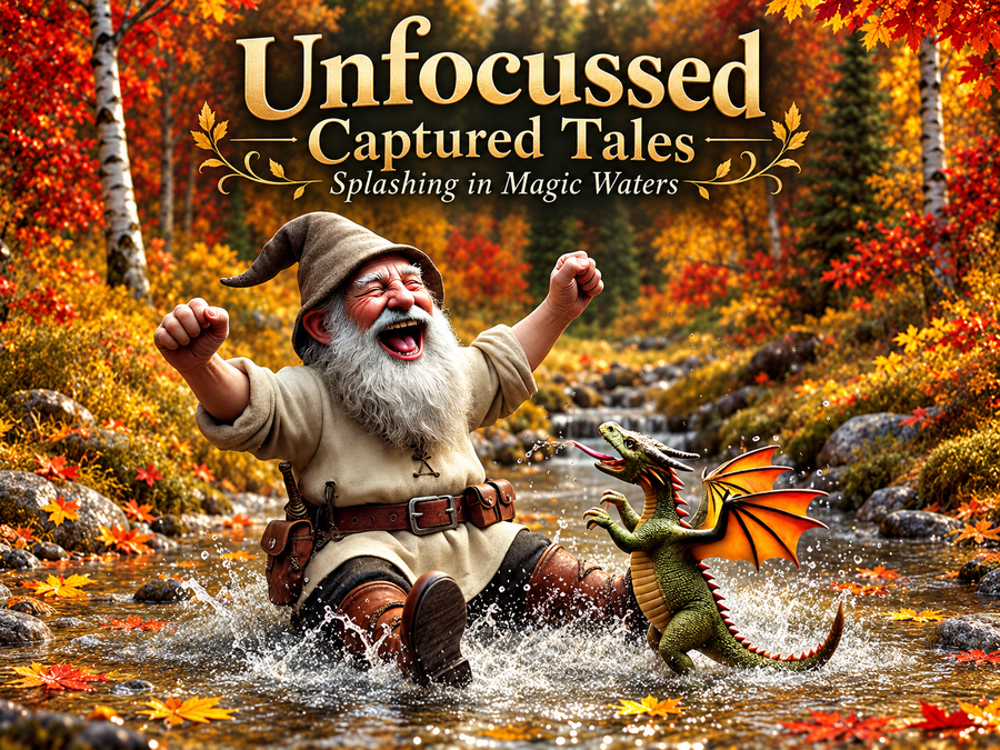 El gnomo risueño Gribble y el pequeño dragón verde Sprout chapotean en un arroyo otoñal bajo el título Splashing in Magic Waters.