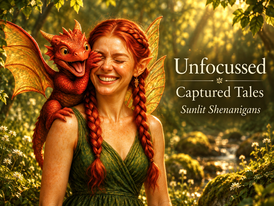 El hada pelirroja risueña Fennella y el dragón rojo sobre su hombro bajo el título Sunlit Shenanigans de Captured Tales.