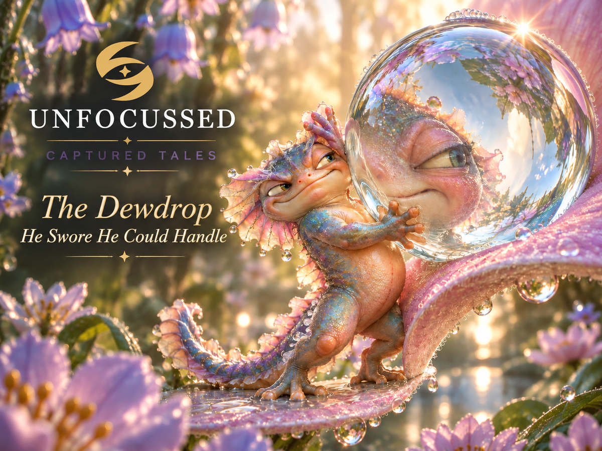 Unfocussed Captured Tales graphic for The Dewdrop He Swore He Could Handle, showing a tiny frilled creature bracing a giant dewdrop on a rose petal.