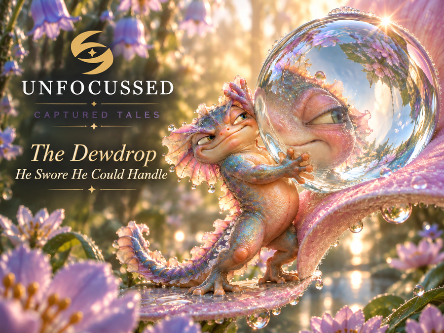 Unfocussed-Captured-Tales-Grafik zu The Dewdrop He Swore He Could Handle: Ein winziges Wesen mit Halskrause stützt einen riesigen Tautropfen auf einem Rosenblatt.