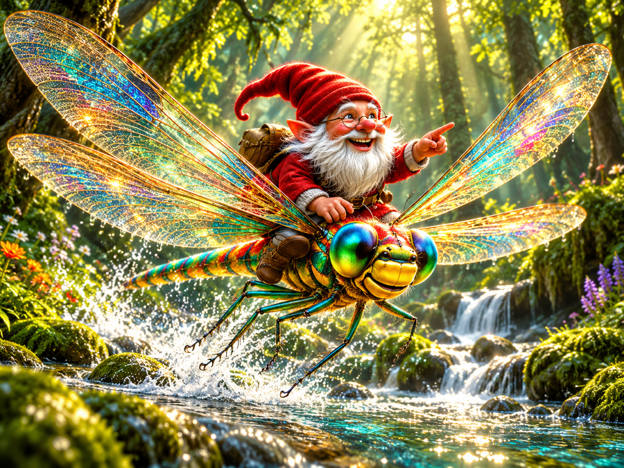 Thimblewick and Glitterbug flying together above a sunlit stream in the Great Whispering Woods.