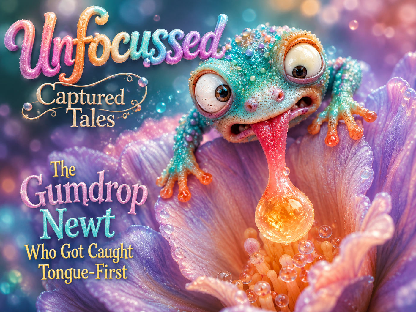 The Gumdrop Newt Who Got Caught Tongue-First, a turquoise fantasy newt with enormous startled eyes and an extended pink tongue attached to a glowing golden nectar droplet inside a luminous lavender flower.
