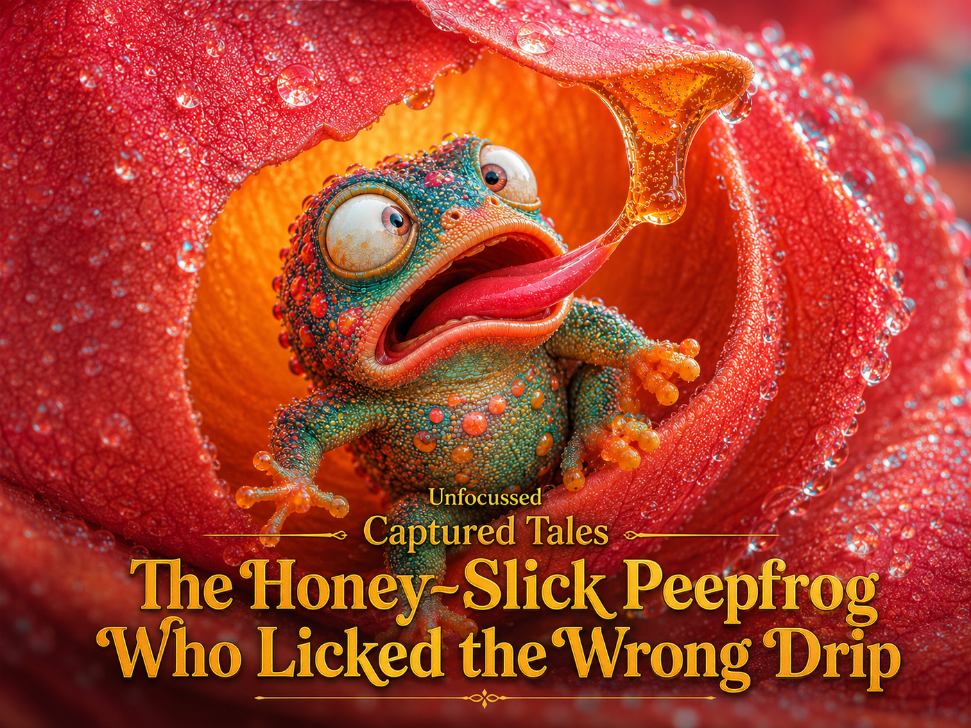 The Honey-Slick Peepfrog Who Licked the Wrong Drip, featuring Pipdrizzle beneath a glowing golden nectar droplet in a richly detailed floral fantasy scene.