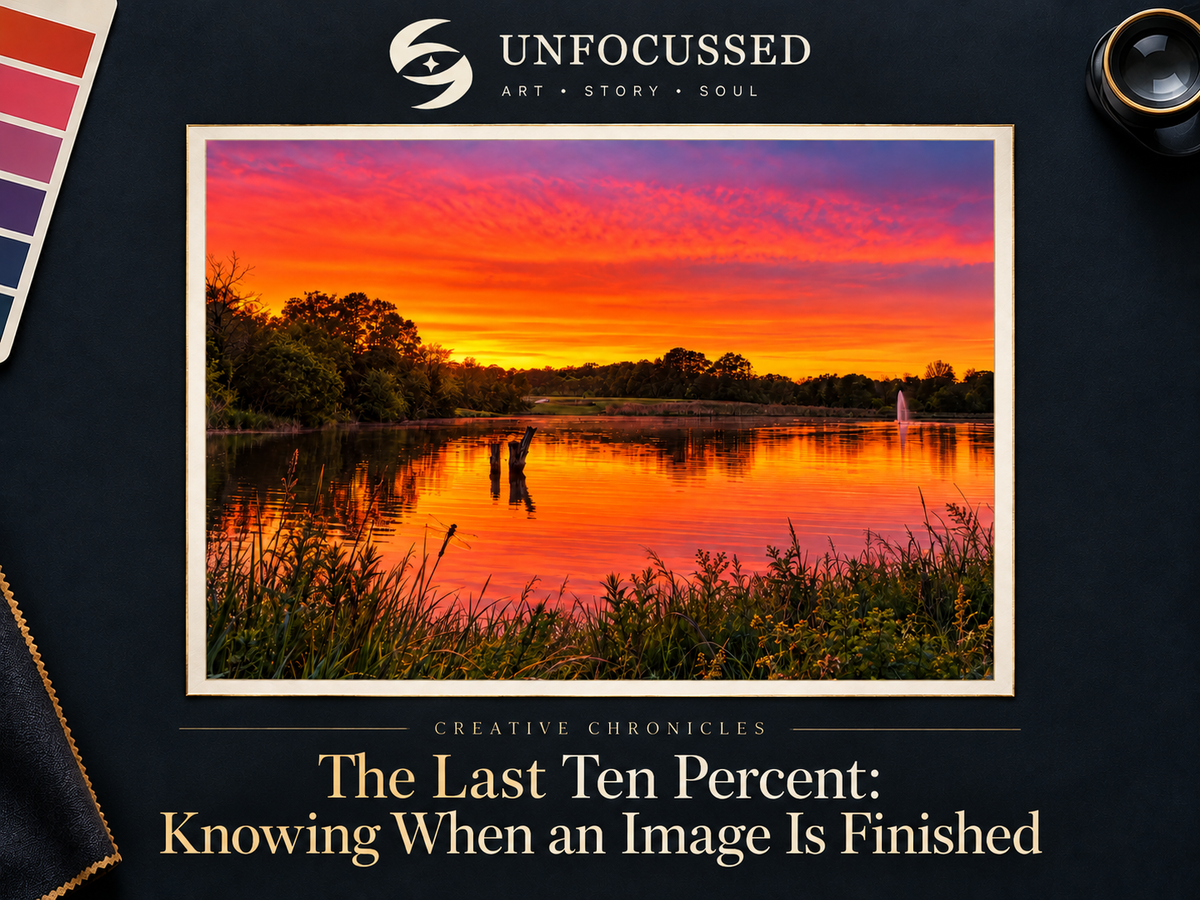 Unfocussed Creative Chronicles cover for The Last Ten Percent: Knowing When an Image Is Finished, featuring Betty’s Lake Burns at Sunset