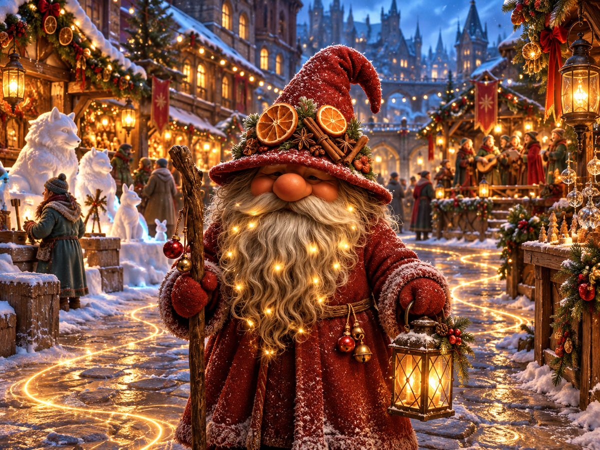Brulk Emberwhisker in Frostmarket Row, Lower Glandrick, as the Echoterra Echo Pulse ripples beneath the winter market.