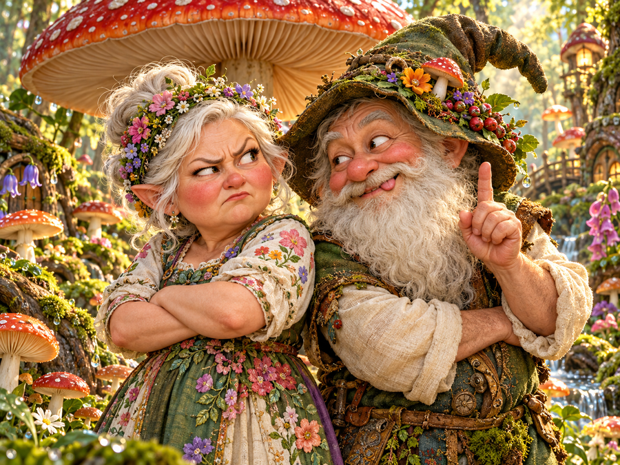 Gilda and Bramble, an adult gnome couple, debate their mushroom-heavy supper beneath a giant scarlet mushroom in the vivid forests of Echoterra.