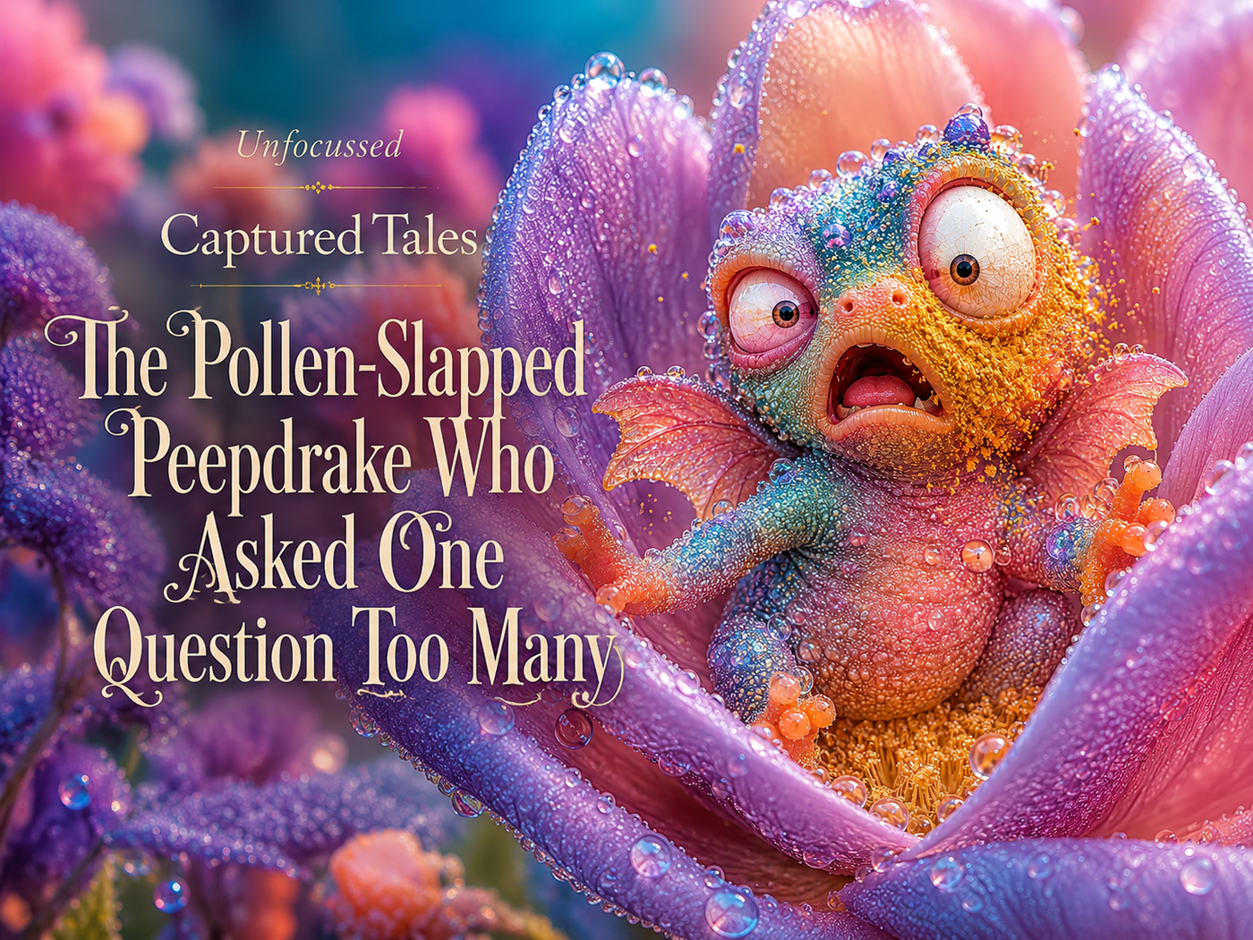 A startled turquoise and coral Peepdrake covered in golden pollen inside a dew-covered pink and lavender flower.