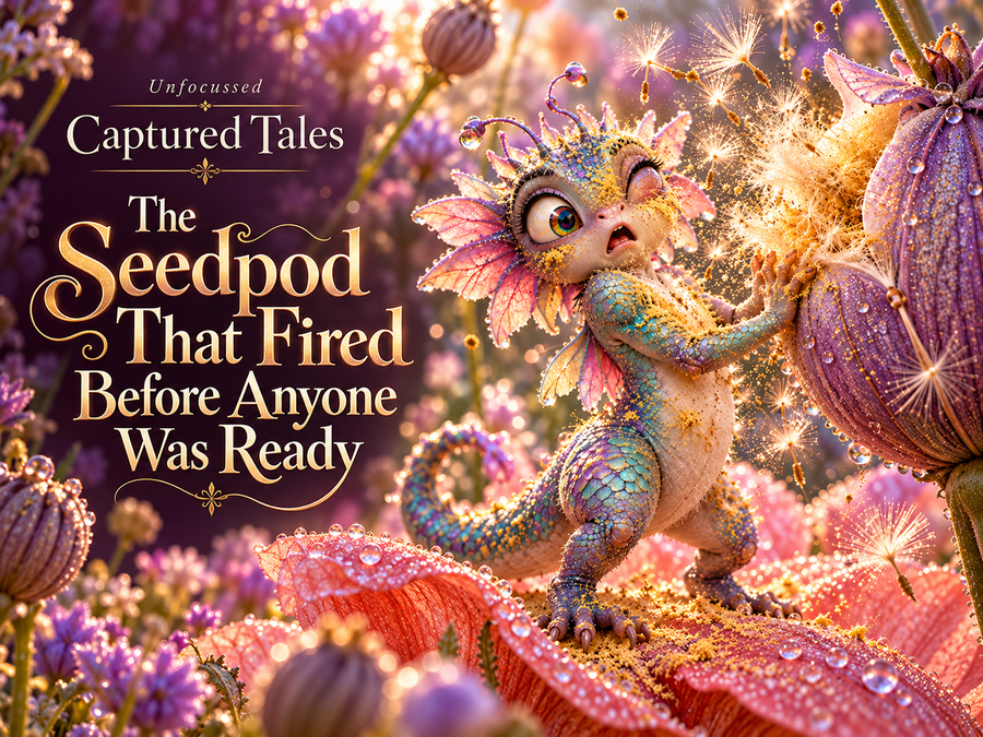 Captured Tales cover for The Seedpod That Fired Before Anyone Was Ready, with a startled frilled garden creature and a bursting lavender seedpod