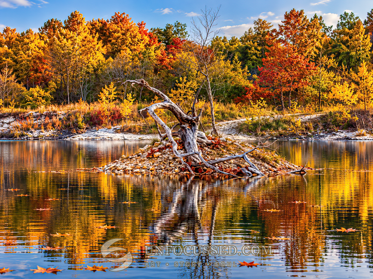 Toco desgastado numa ilha de cascalho no lago de Klondike Park, com árvores laranja e reflexos ao fundo.