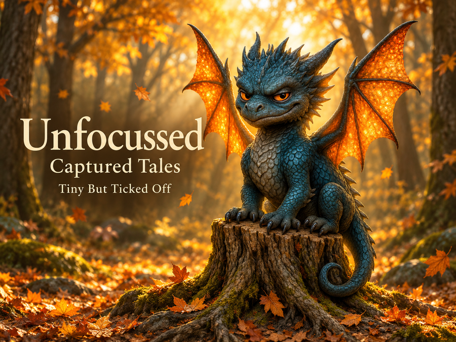 Crispin, un bebé dragón zafiro de alas ámbar y sonrisa engreída, se posa en un tocón otoñal junto al título Tiny But Ticked Off.