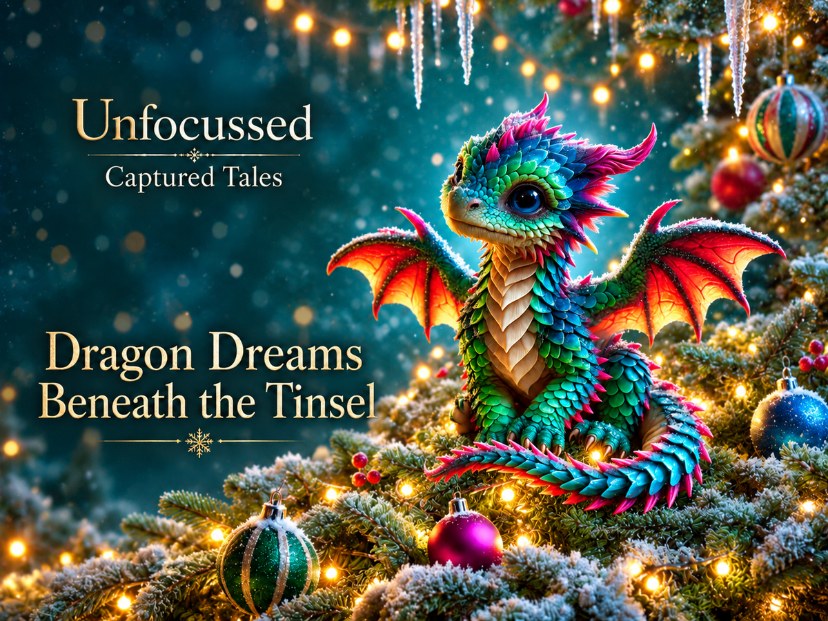 Gingersnap, a jewel-scaled baby dragon with magenta horns and glowing orange wings, sits among frosted Christmas branches beneath the Dragon Dreams Beneath the Tinsel title.