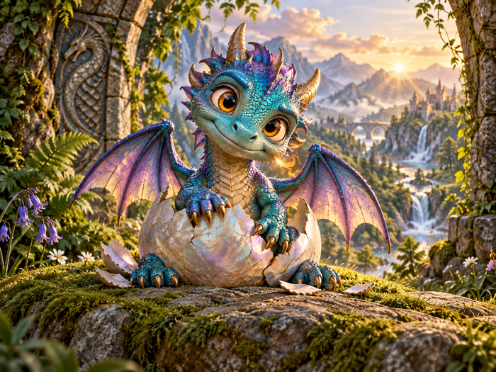 A turquoise baby dragon with purple wings and golden horns hatches from a pearly egg above a sunlit fantasy valley.