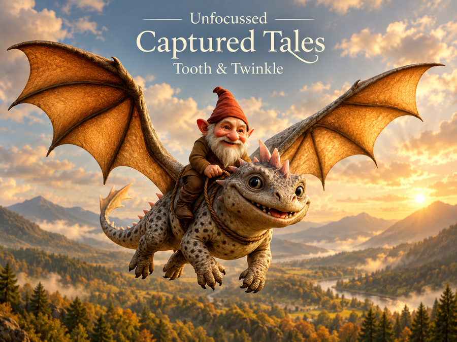 Un gnomo de gorro rojo monta un joven dragón moteado sonriente sobre un valle dorado bajo el título Tooth & Twinkle.