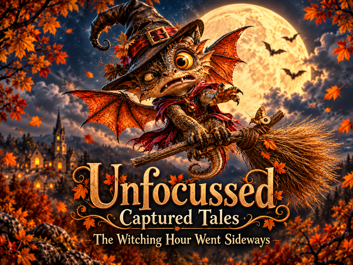 A small bronze dragon in a pointed witch hat rides a crooked broom under an autumn harvest moon.