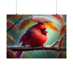 Drenched Cardinal Under a Leaf Canopy Poster