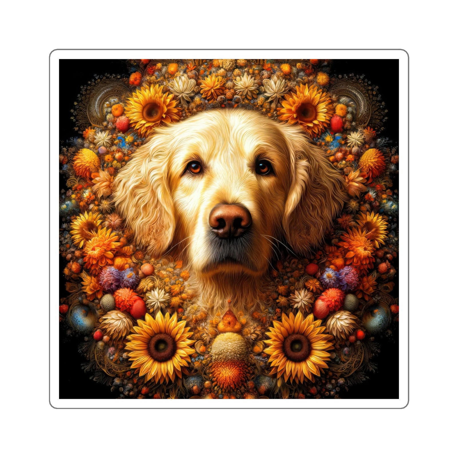 Golden Retriever's Floral Embrace Stickers
