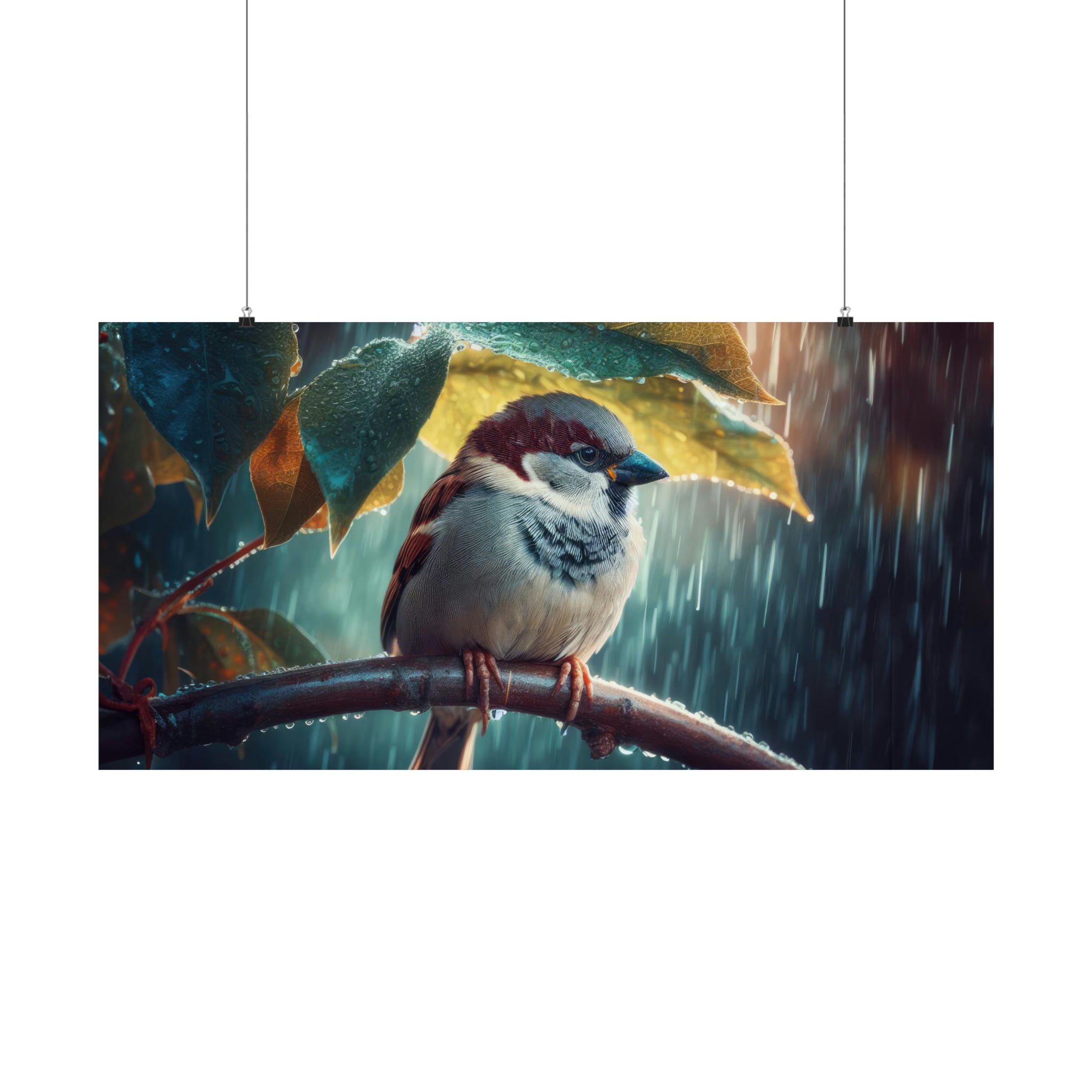 Sparrow's Leafy Sanctuary in the Rainy Chill Poster