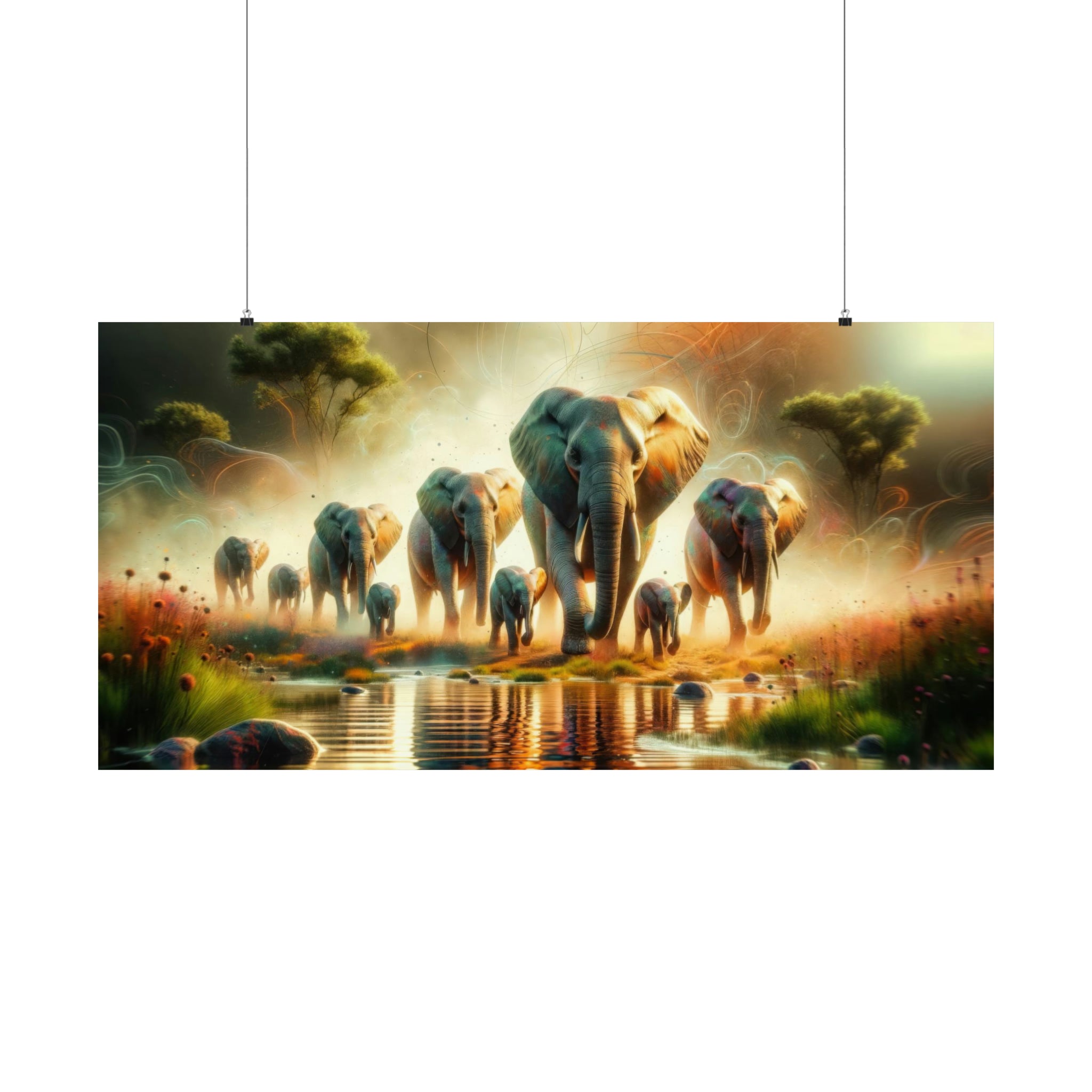 Elephants in Morning Mist Poster