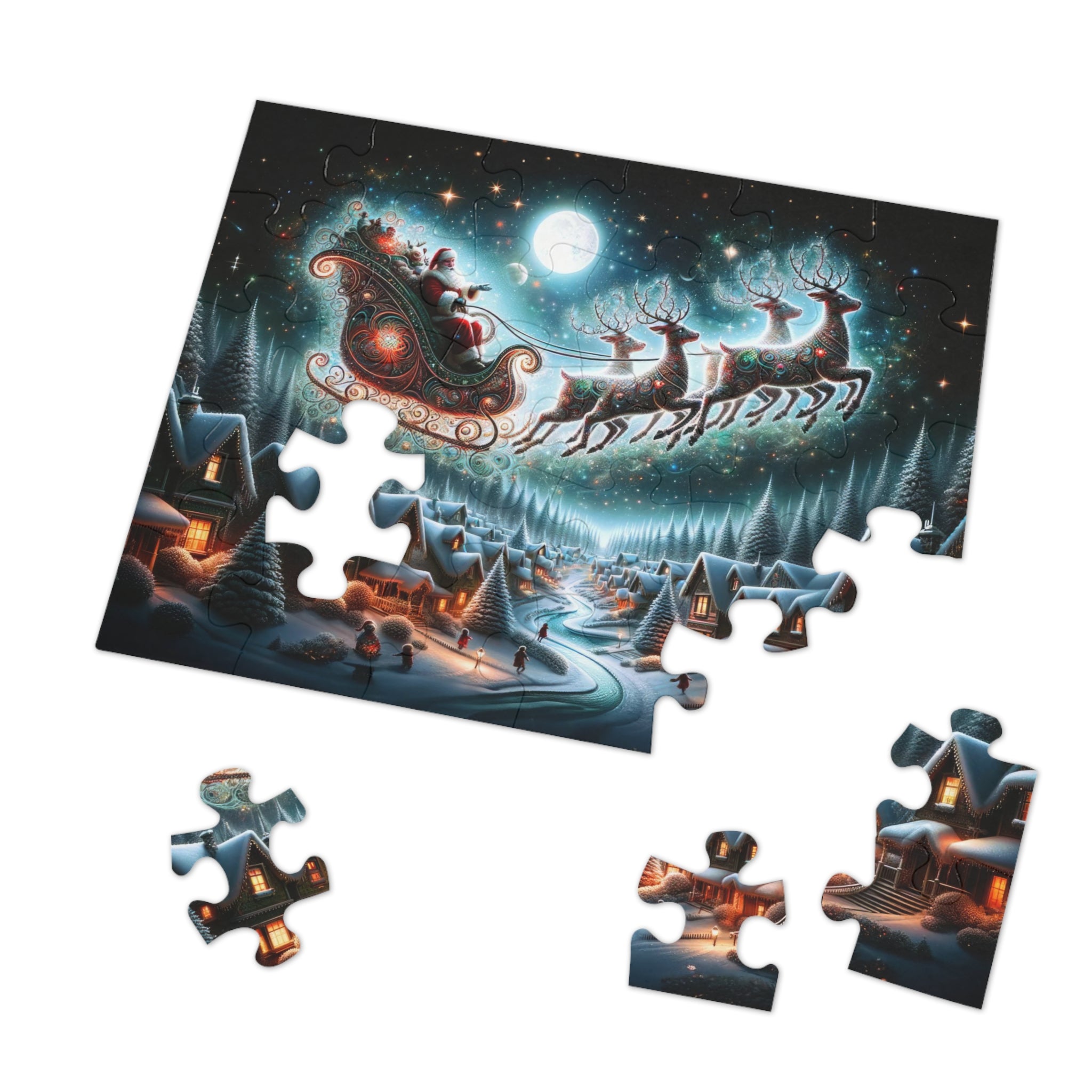 Puzzle Le vol du Père Noël au-dessus du pays des merveilles hivernales