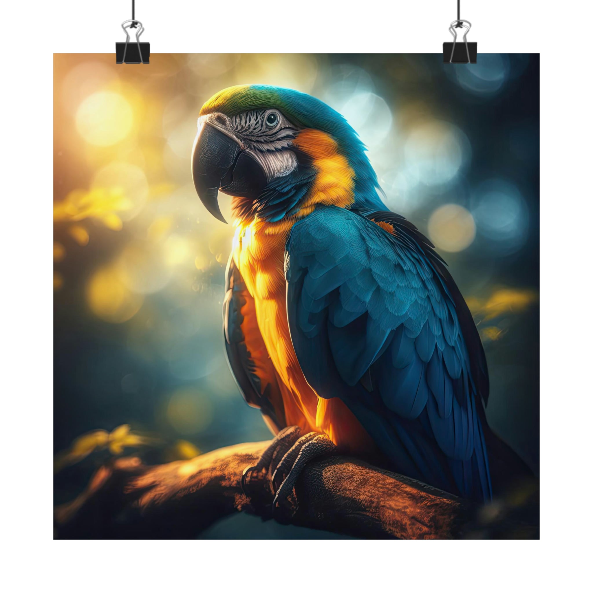 El majestuoso atractivo de un guacamayo azul y dorado Póster
