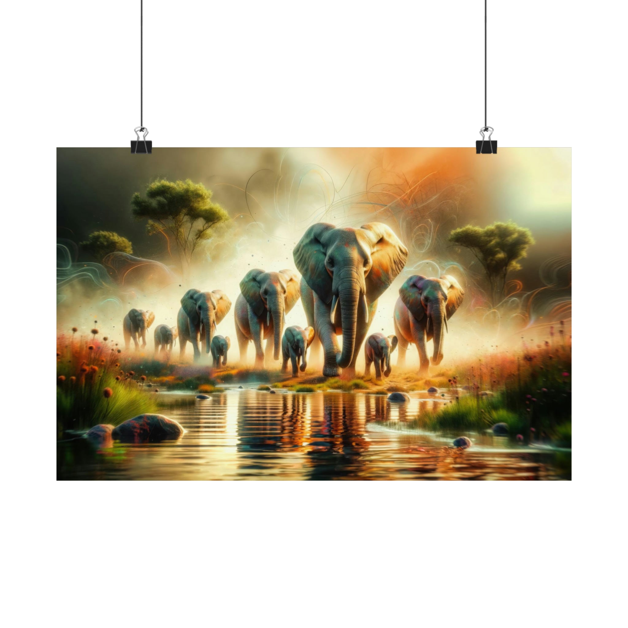 Éléphants dans la brume matinale Poster