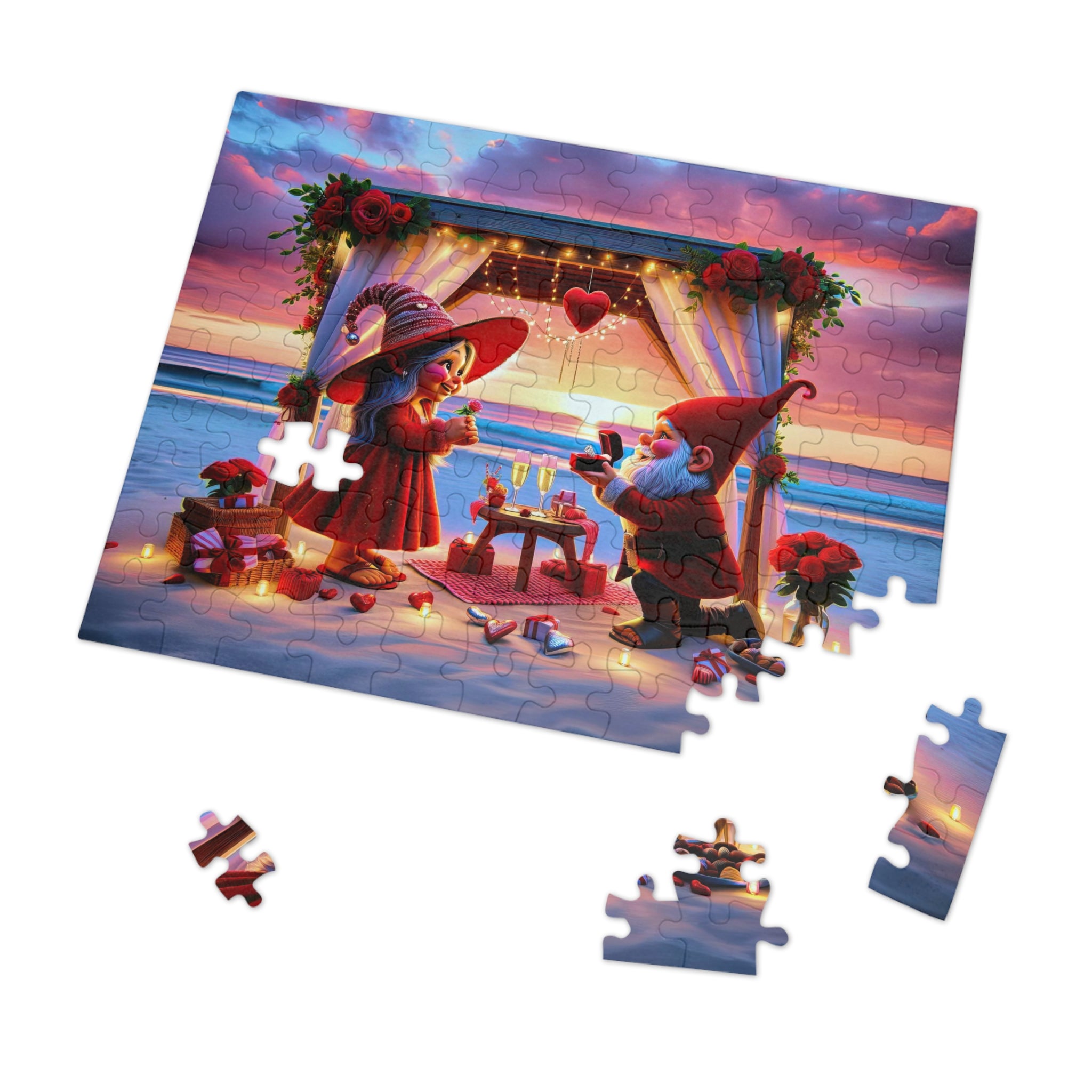 Un puzzle de fiançailles fantaisiste au bord de la plage