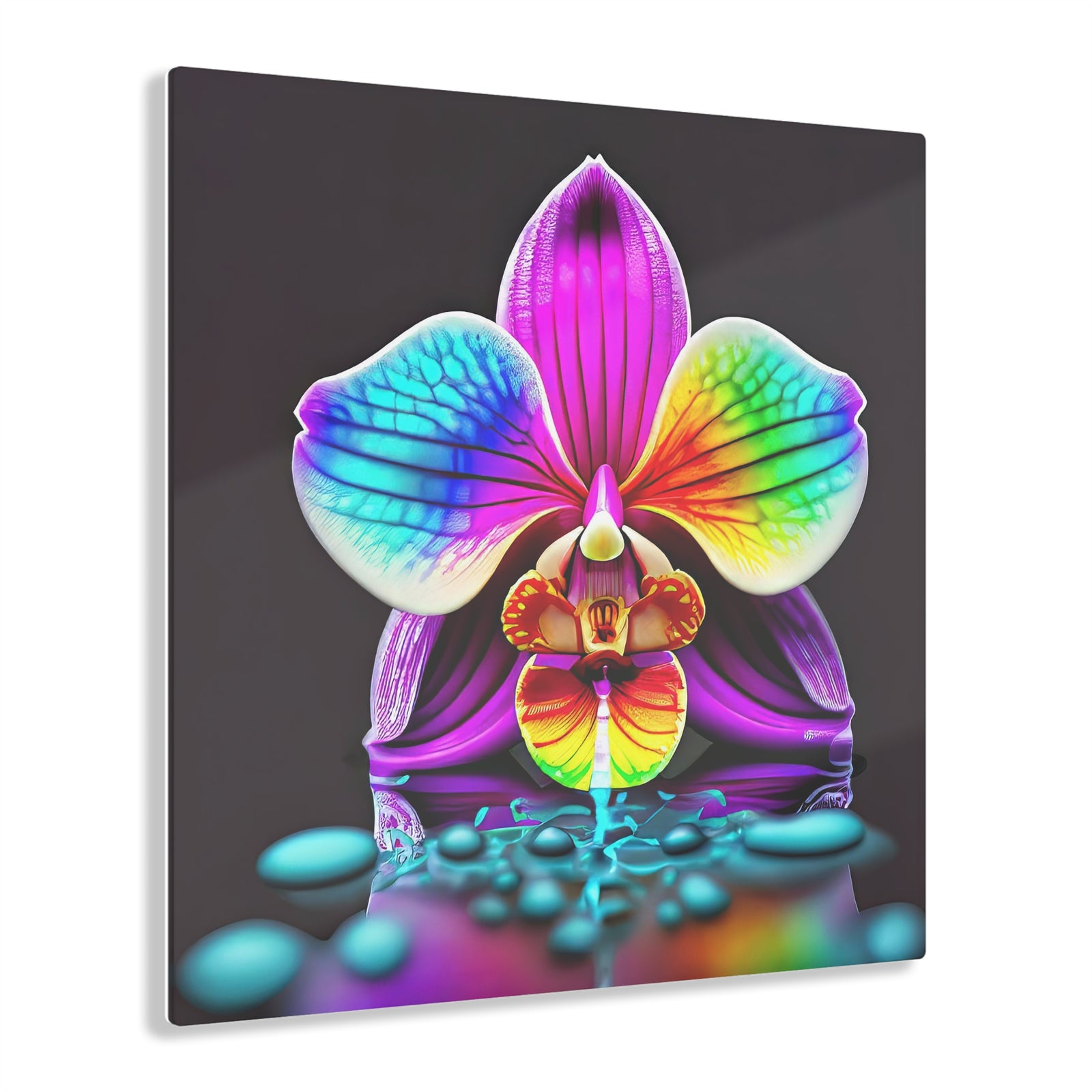 Gouttelettes d'orchidées arc-en-ciel Impression sur verre acrylique