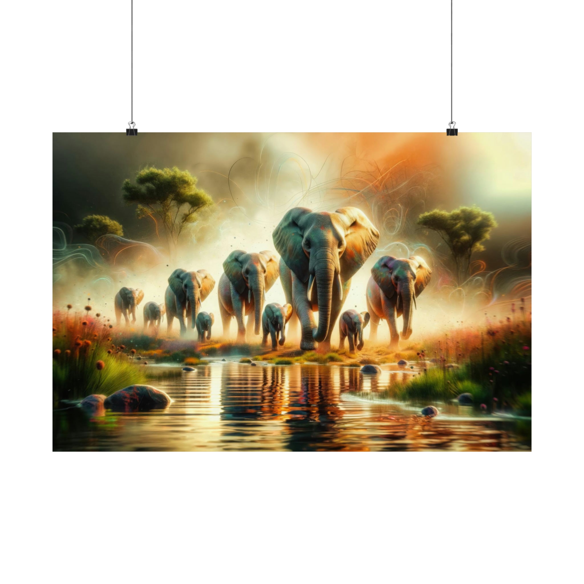 Elephants in Morning Mist Poster