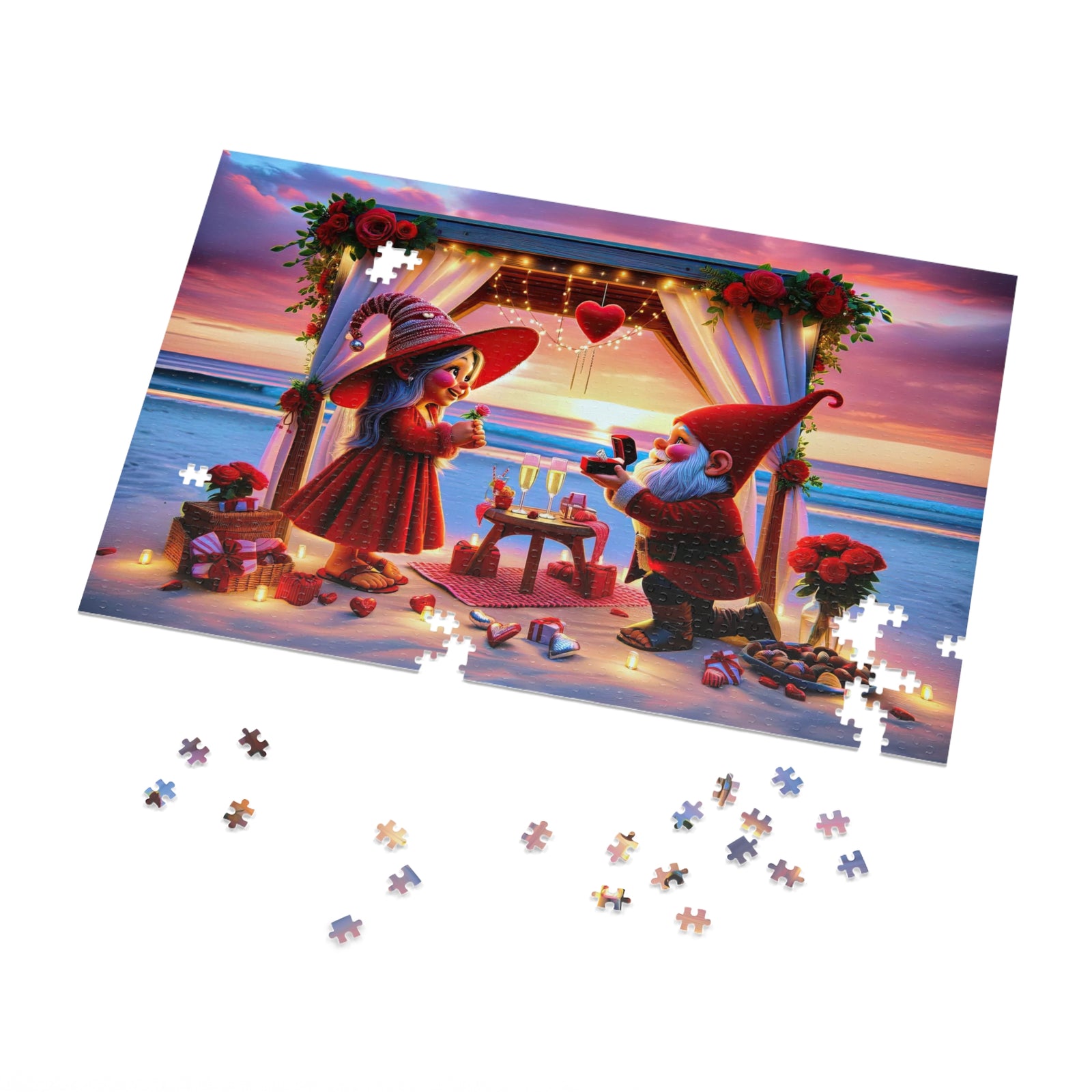 Un puzzle de fiançailles fantaisiste au bord de la plage