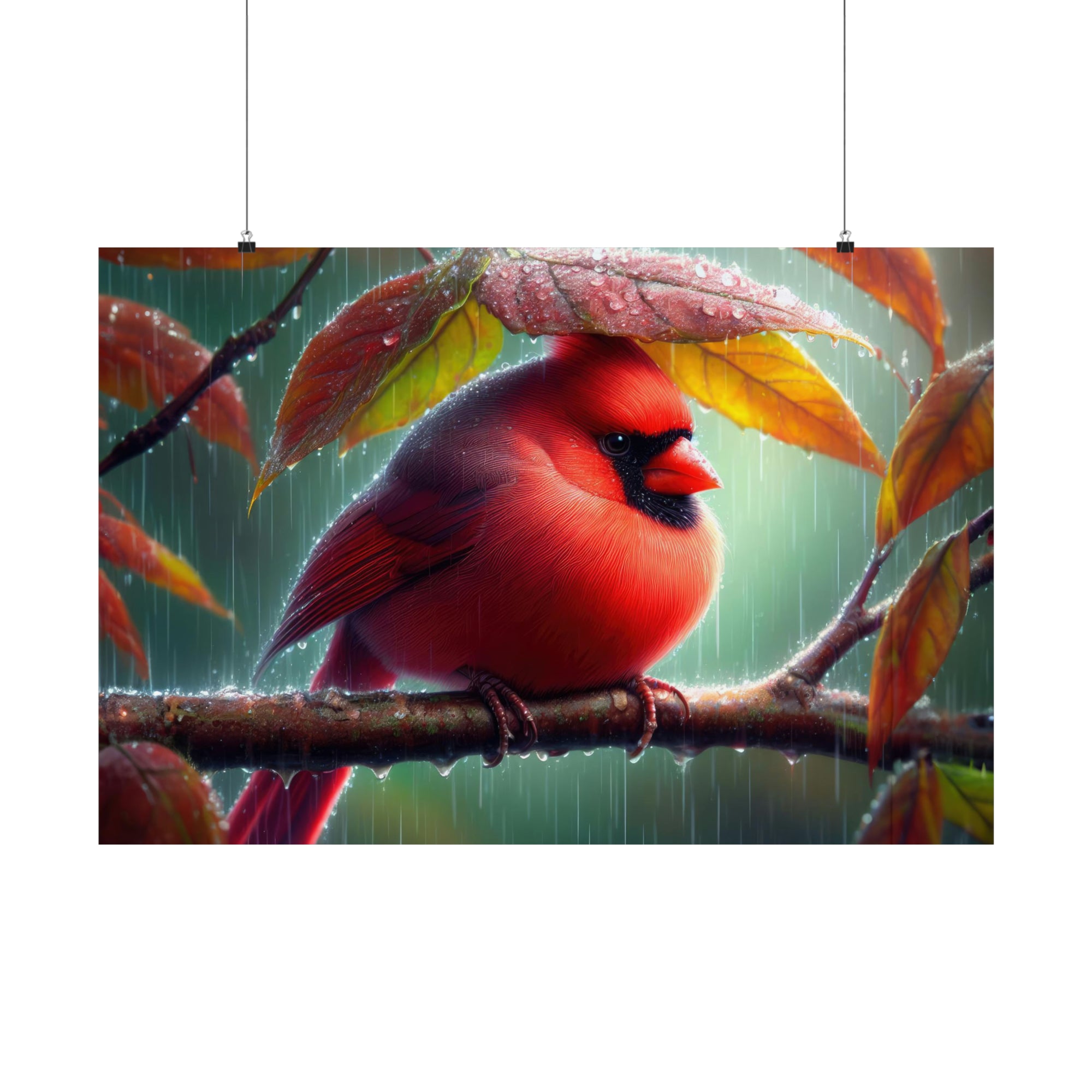 Cardinal trempé sous un auvent de feuilles Poster