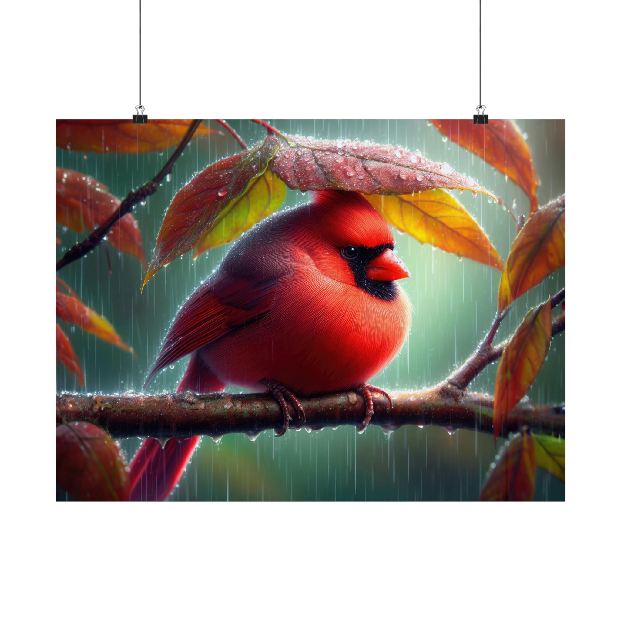 Cardinal trempé sous un auvent de feuilles Poster