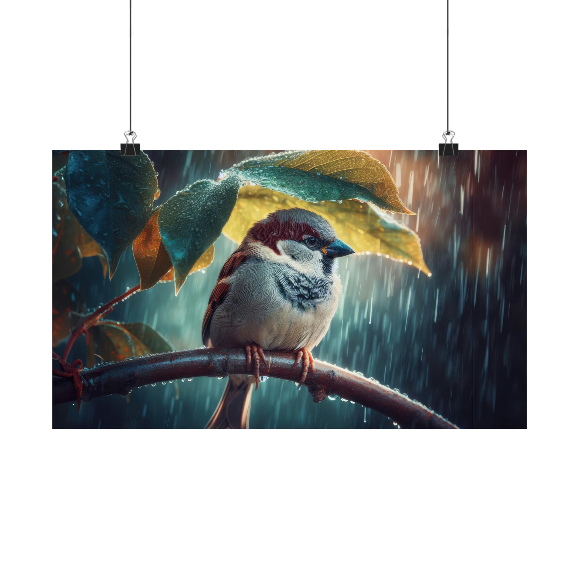 Le sanctuaire feuillu de Sparrow dans le froid pluvieux Poster