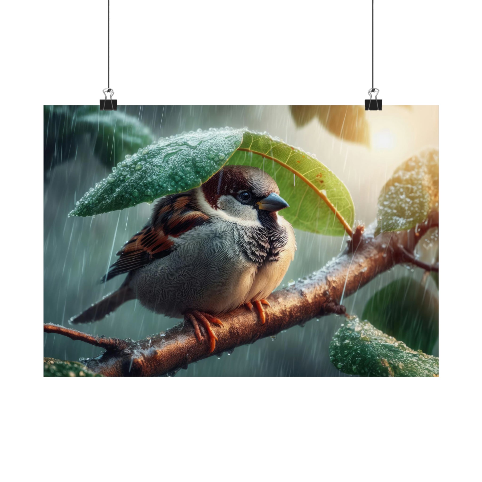 La solitude d'un moineau sous la pluie froide Poster