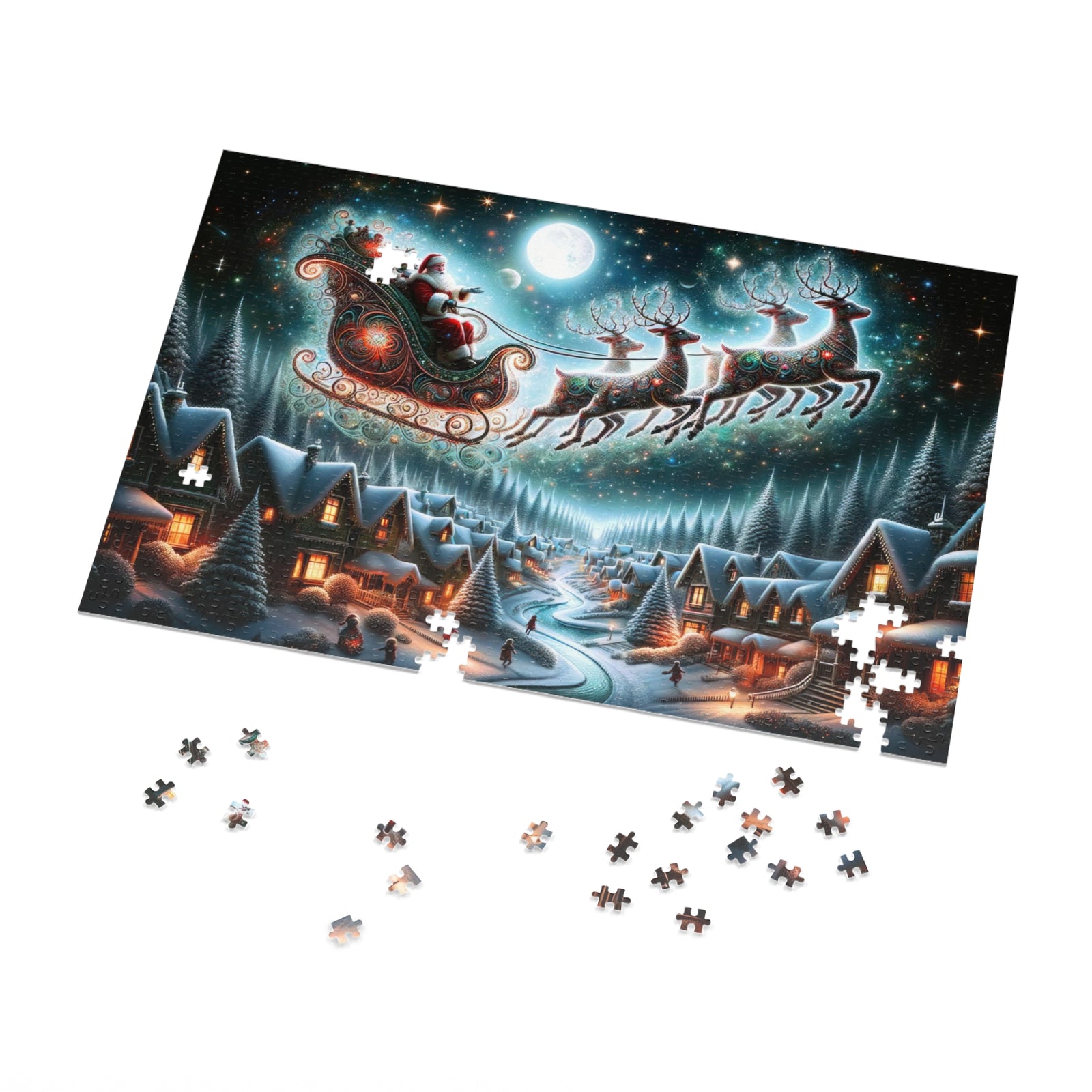 Puzzle Le vol du Père Noël au-dessus du pays des merveilles hivernales