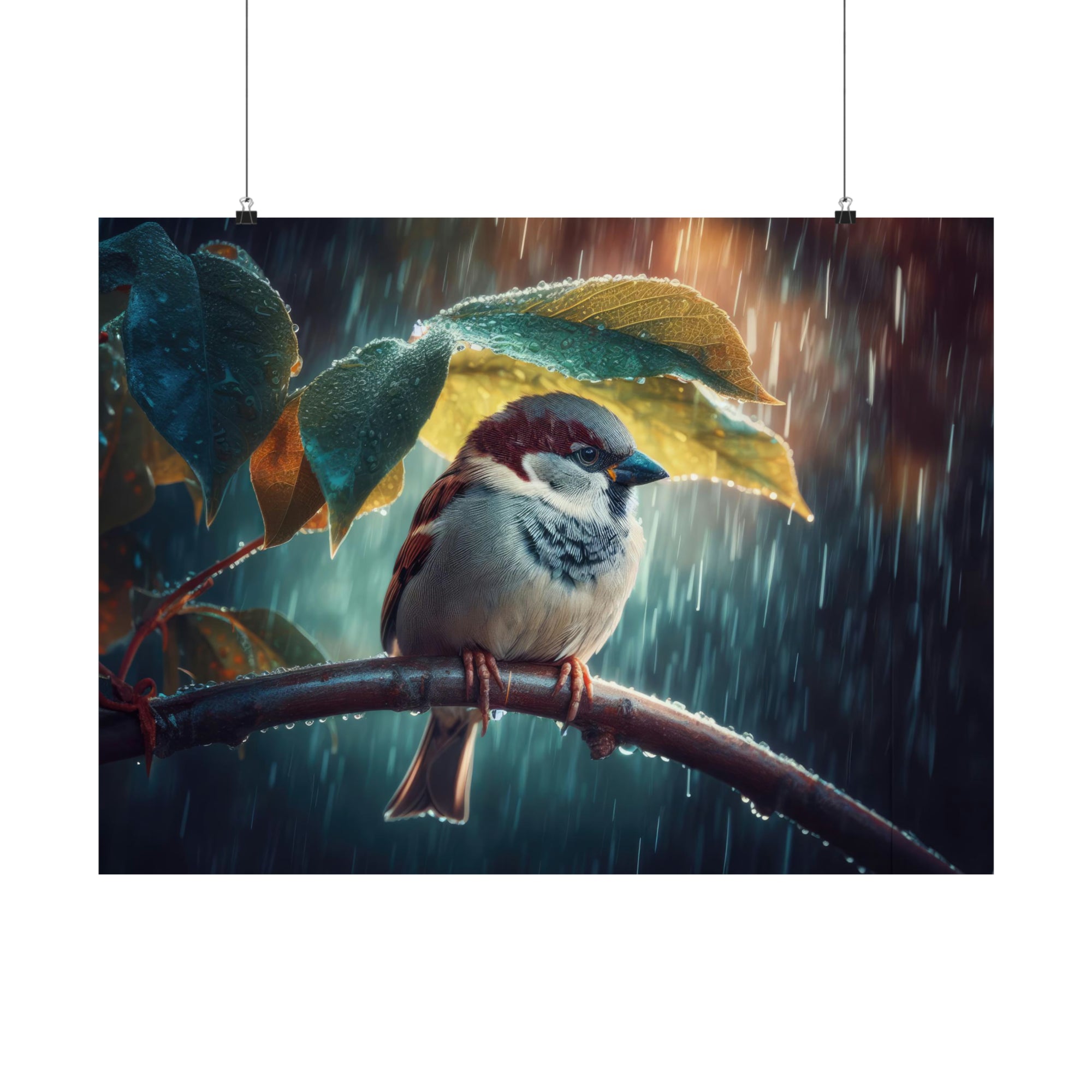 Sparrow's Leafy Sanctuary in the Rainy Chill Poster