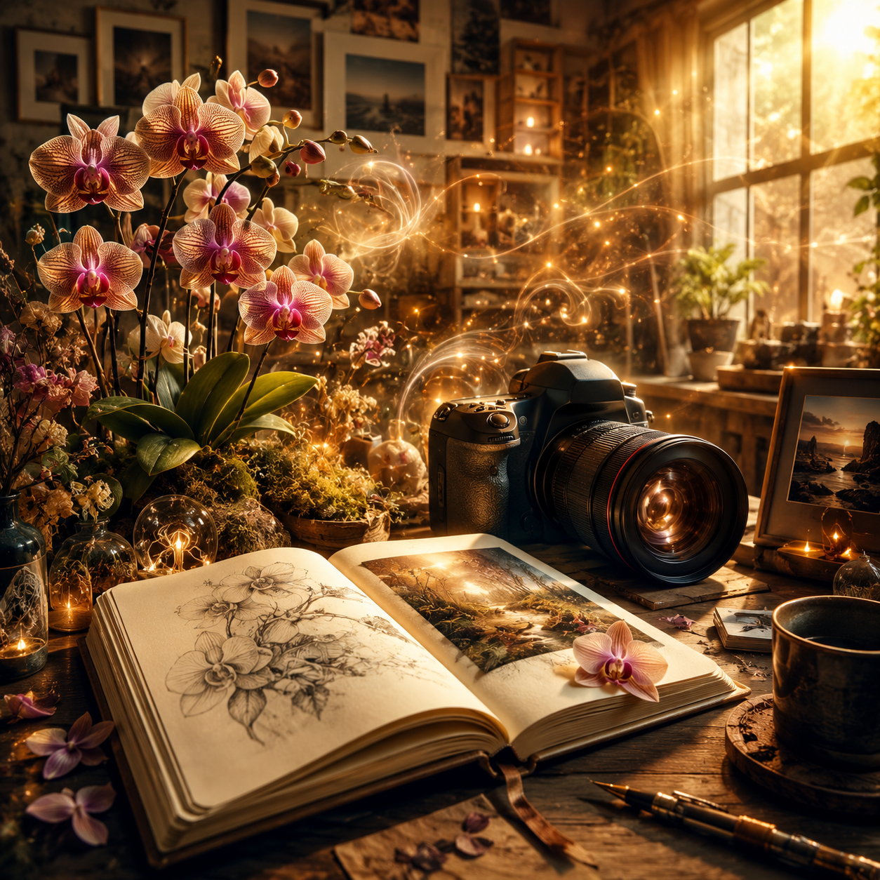 Unfocussed creative studio with orchids, camera equipment, open journal, botanical sketches, and glowing storytelling light.