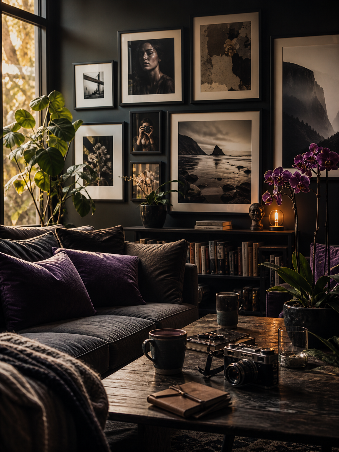 nfocussed living gallery scene with framed photographic art, orchids, vintage camera, cozy seating, and warm creative atmosphere.