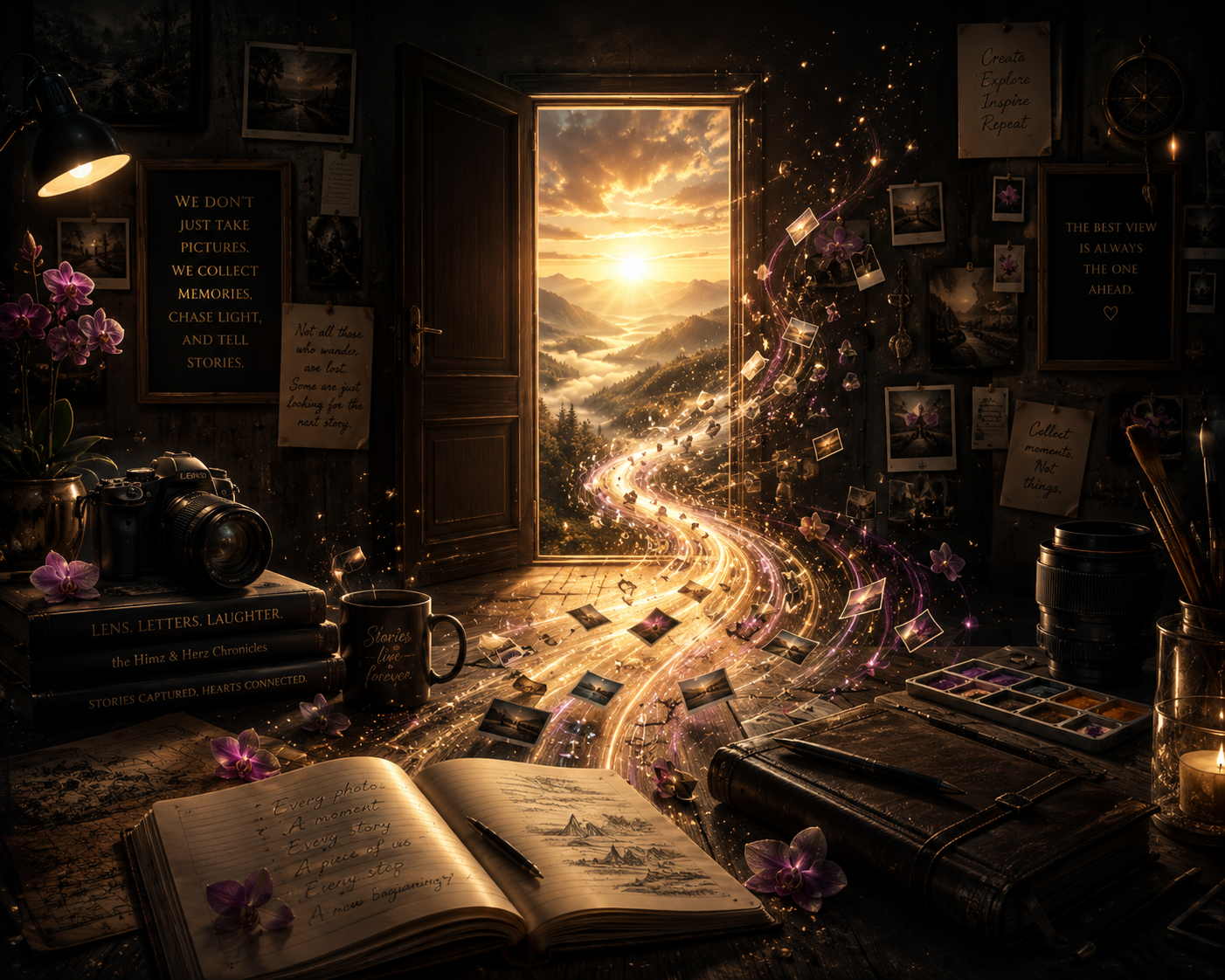 Unfocussed creative studio scene with photography gear, orchids, open journals, and a glowing doorway symbolizing future stories and artistic inspiration.