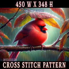 Drenched Cardinal Under a Leaf Canopy Cross Stitch Pattern